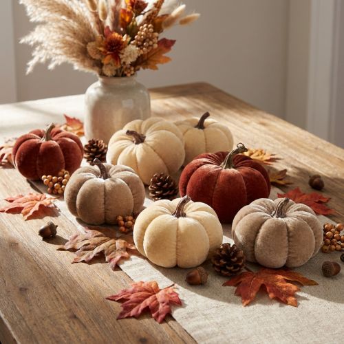 Pumpadekorationer, tygpumpor, gul, beige, rödbrun, Ø7 cm, 9 stycken | Floristik24.se