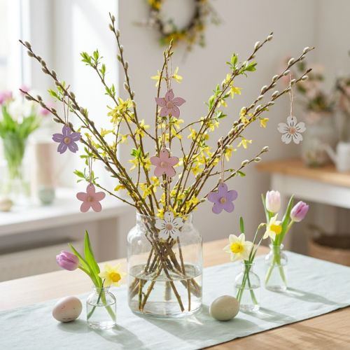 Träblommor hängande dekoration trä lila, rosa, vit 4,5cm 24 st | Floristik24.se