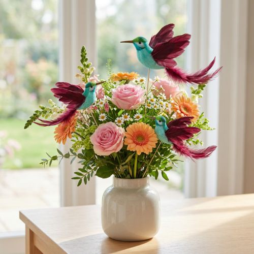 Hummingbird dekoration på pinne turkos vinröd 13-15cmx9-10cm 6 st | Floristik24.se