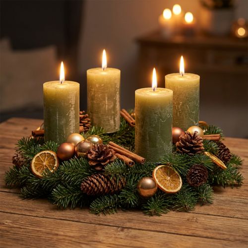 Enfärgade blockljus, olivgröna, 70×120 mm - Lång brinntid 53 timmar, set om 4, marmorerade för dekoration och advent | Floristik24.se