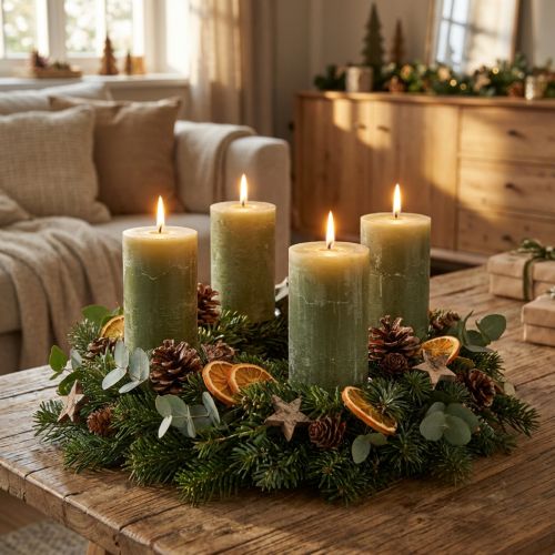 Enfärgade olivgröna blockljus 60×100 mm, set om 4, lantlig stil, bohemisk, advent | Floristik24.se