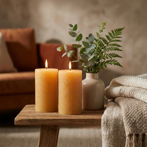 Enfärgade blockljus, honungsfärgade, set om 2, 85×150 mm, lång brinntid, skapar en mysig atmosfär, bordsdekoration | Floristik24.se