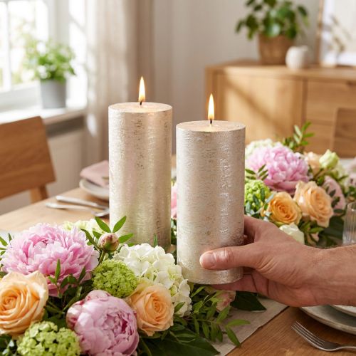 Premium platinafärgade blockljus, 85x120mm, lång brinntid, set om 2 | Floristik24.se