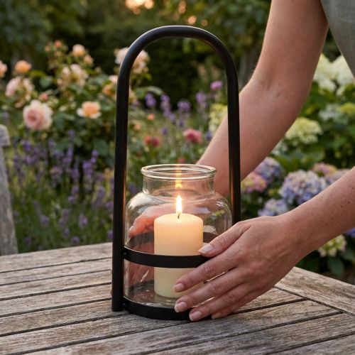 Lykta metallglasdekor svart klart handtag Ø14,5cm | Floristik24.se