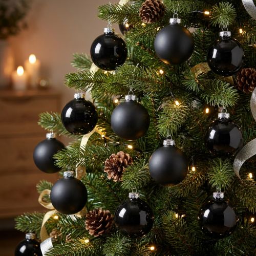 Mini julgranskula, träddekorationsmix, julkulor svart H4,5cm Ø4cm äkta glas 24 st | Floristik24.se