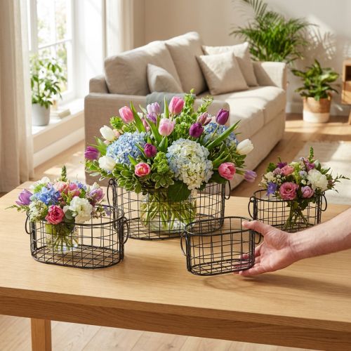 Trådkorg med handtag metallsvart 17-32cm set om 4 | Floristik24.se