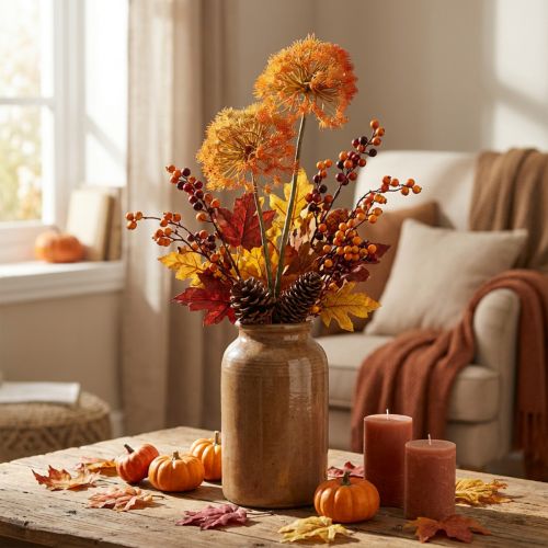 Deco gren konstgjord gren höstdekoration 2 blomställningar orange 82cm | Floristik24.se