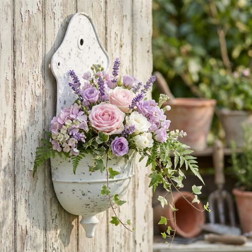 Shabby Chic Väggskål Metall Halvrund Vit 24cm×10cm×47cm | Floristik24.se