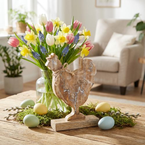 Artikel Träkyckling, vårdekoration, påskfigur natur, vittvättad H26cm