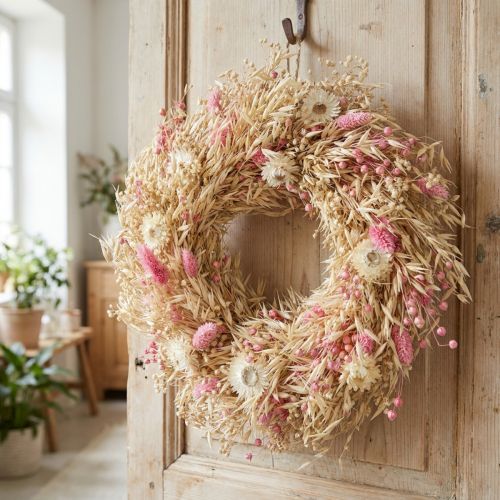 Dekorativ krans, havrekrans, naturlig krans, halmblommor, rosa, Ø29 cm | Floristik24.se