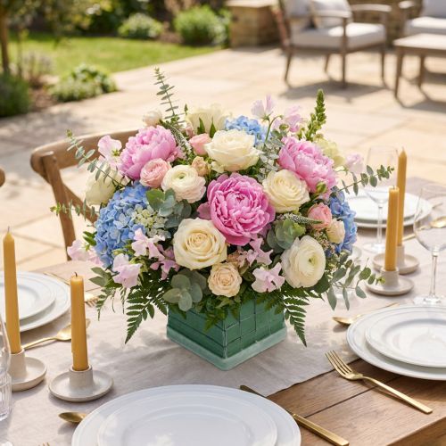 Blommigt skumtegelbordsarrangemang 11cm x 11cm x 8,5cm 4 st | Floristik24.se