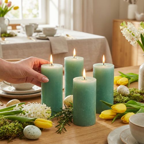 Blockljus, enfärgade ljusgrön jade, 70×100 mm, 4 stycken - Högkvalitativa dekorativa ljus för bordsdekorationer, påsk, bröllop | Floristik24.se