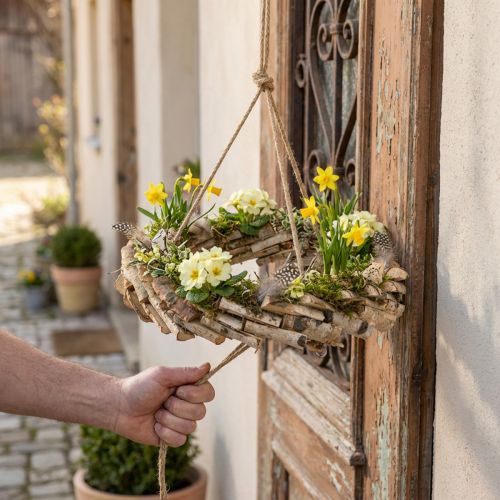 Träkrans för upphängning med krok av björkträ Ø35cm - Naturlig dekoration för våren, makramé, blommor och örter | Floristik24.se