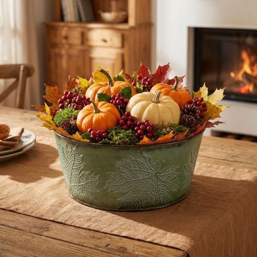 Planteringsskål med lönnlöv, höstdekoration, metallkärl grön Ø25cm H11cm | Floristik24.se