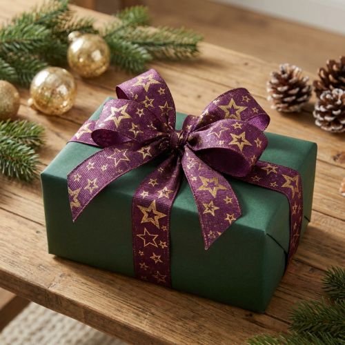 Artikel Star Ribbon Julband Lila Guld Glamour B25mm L15m