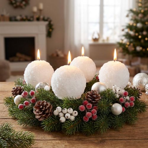 Adventsljus, snöbollsdesign, Ø80mm vita kulljus, set om 4, juldekoration, vintermagi | Floristik24.se