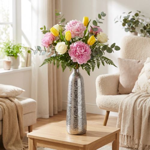 Dekorativ vas metall hamrad blomvas silver Ø9,5cm H32cm | Floristik24.se