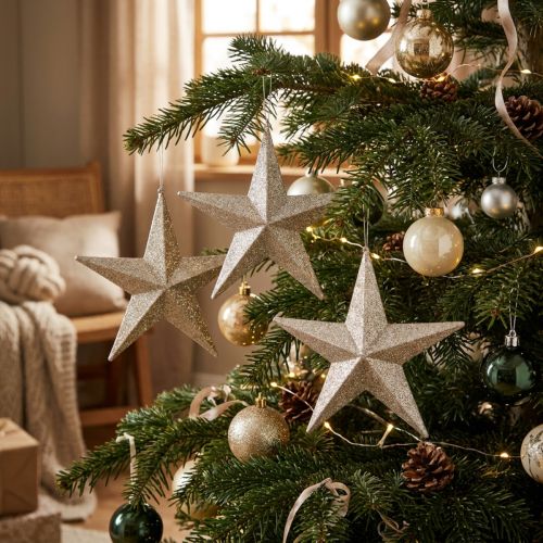Glitterstjärnor att hänga champagne Ø21cm 3st | Floristik24.se
