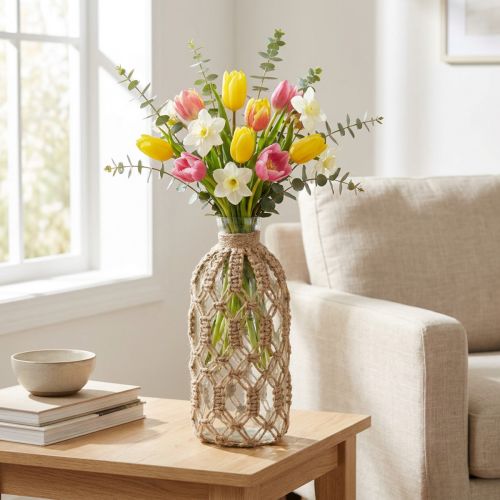 Makrame flaska glas dekorativ vas naturlig jute Ø10,5cm H26cm | Floristik24.se