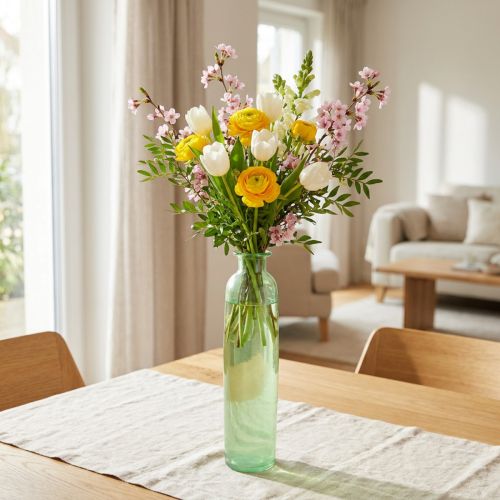 Glasvas med blommotiv, dekorativ vas i grönt, hög, Ø6,5 cm, H30 cm | Floristik24.se