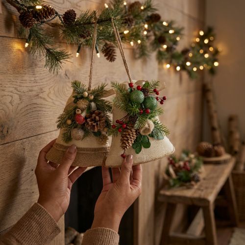 Rustika väggdekorationer med julklockor, jutegrangrenar, tallkottar | Floristik24.se