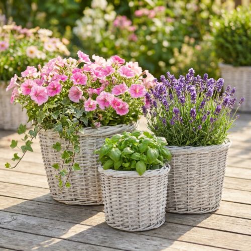 Stor planteringskorg med folie, vitgrå, Ø43/34/28cm, set om 3 | Floristik24.se