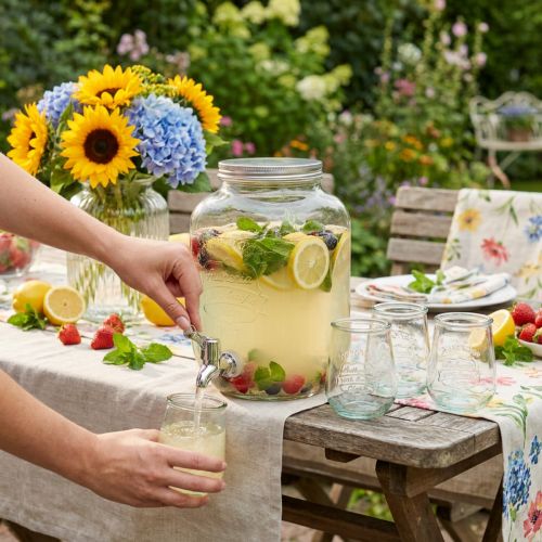 Glasbehållare med tappkran och 4 glas, återvunnet glas, H25,5 cm | Floristik24.se