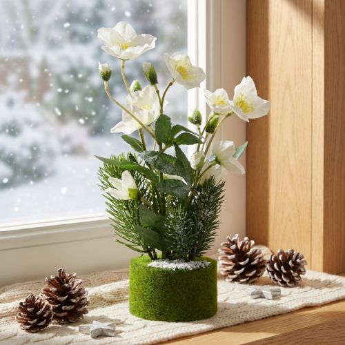 Julros med gran och mossboll, konstgjord, vit snötäckt, 33 cm | Floristik24.se