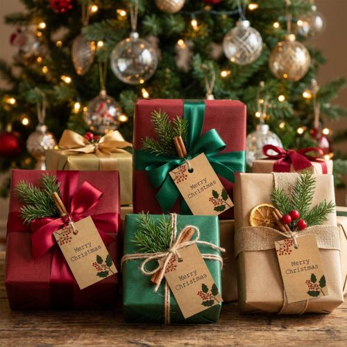 Presentetiketter Merry Christmas papper naturbrun 8,5×5,5cm 20 st | Floristik24.se