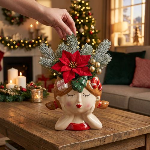 Växthuvud keramisk flicka dekorativ planteringsmaskin jul H17cm | Floristik24.se