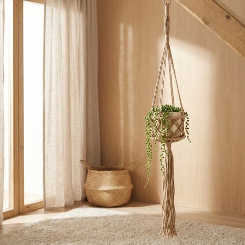 Artikel Makramé Hängande Dekoration Boho Beige Brun Ø12cm H79cm Växthängare