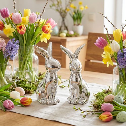 Dekorativ påskhare Keramik Dekorativ Kanin Sittande Silver 18cm 2 St | Floristik24.se