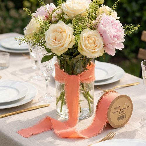 Chiffongband orange pastellfärgade tygband fransar 40mm 15m | Floristik24.se