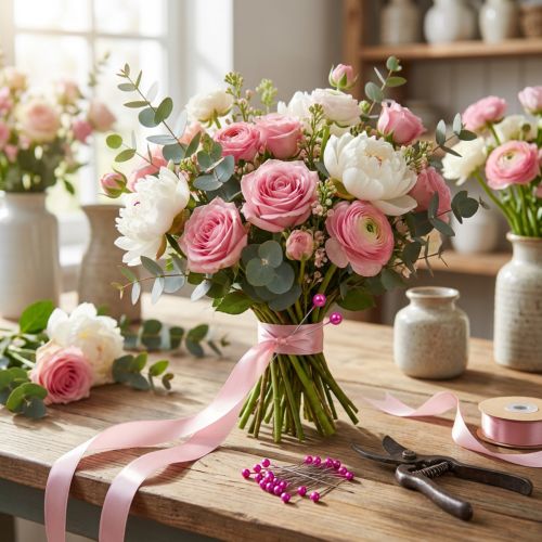 Artikel Pärlhalsband med blomstermotiv, rosa, Ø4 mm, 40 mm, 150 stycken