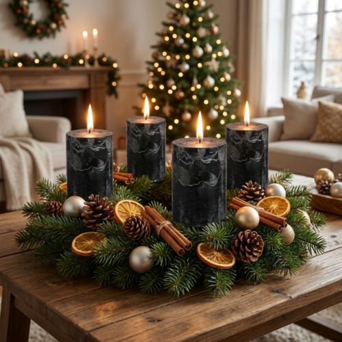 Svarta blockljus 70×80 mm, set om 4 - Eleganta dekorativa ljus för adventskransar och Halloween | Floristik24.se