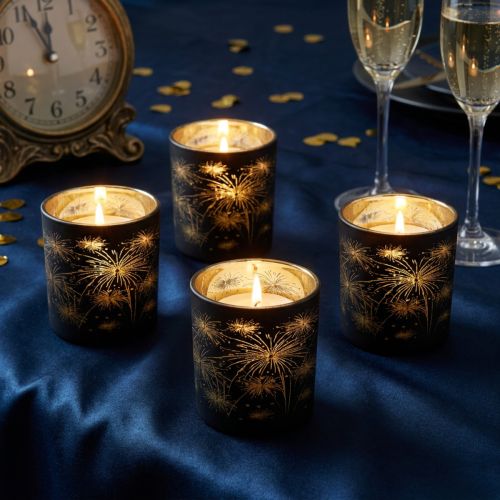 Set med 6 glaslyktor, svarta och guldfärgade, fyrverkeridesign, festlig dekoration, 9 cm | Floristik24.se