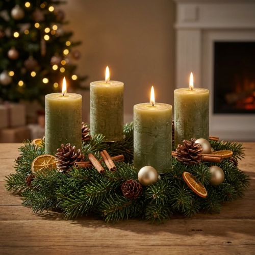 Enfärgade olivgröna blockljus 60×80 mm, 4-pack, för dekoration och advent | Floristik24.se