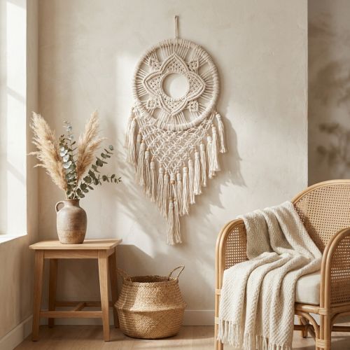 Makramé Drömfångare Väggbonad Krämfärgad Boho Väggdekoration Handgjord 29×72cm för Vardagsrum & Sovrum | Floristik24.se