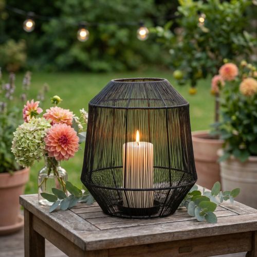 Svart ljusstake, dekorativ lykta, trådkorg, Ø24cm, H28cm | Floristik24.se