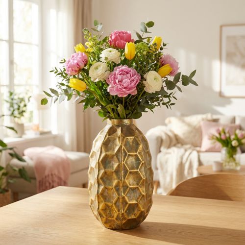 Vintage vas guld blomvas honeycomb look Ø23cm H39cm | Floristik24.se