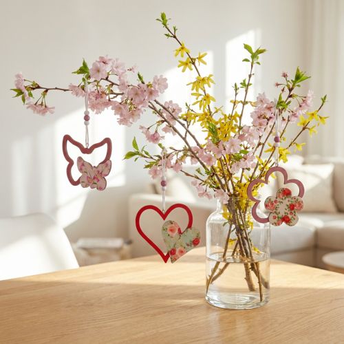 Vårhänge, fjärilshjärta blomma, trädekoration med blommönster H8,5/9/7,5cm 6 st | Floristik24.se