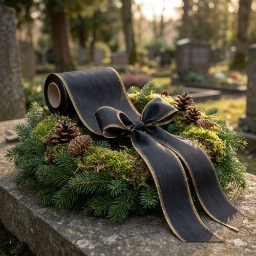 Elegant moiréband med kransmönster, 175 mm svart med pärlkant och taftväv, dekorativt band för begravningsblomster, rosettband, 25 m | Floristik24.se
