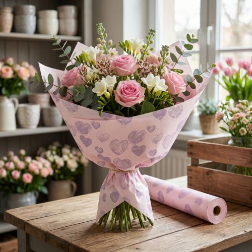 Artikel Blommigt omslagspapper med hjärtmotiv för dekorativa blomsterkreationer, 25 cm x 25 m