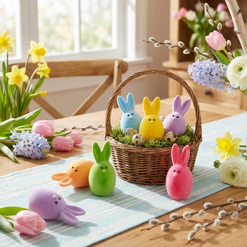 Påskäggmix med öron, flockade kaninägg, påskdekorationer färgglada 6 st | Floristik24.se