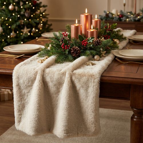 Bordslöpare fuskpäls beige, bordsband dekorativ päls 15×200cm | Floristik24.se