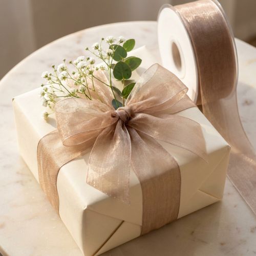 Artikel Organzaband presentband beige band vävd kant taupe 40mm 50m