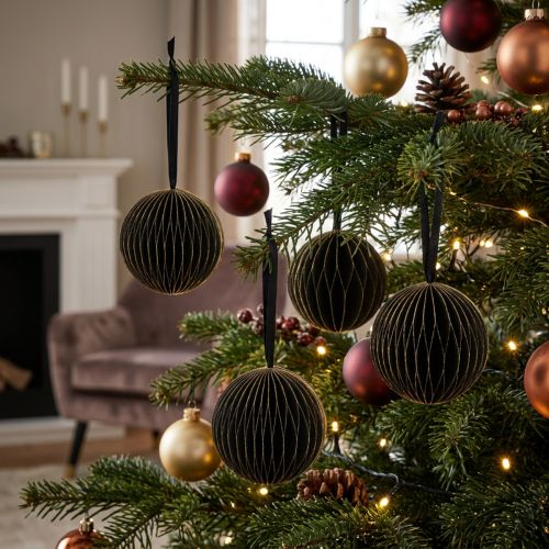 Honeycomb bollar Jul honeycomb bollar svart guld Ø7cm 4st | Floristik24.se