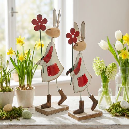 Påskdekoration, kanin av metall, vårdekoration, påskhare med blomröd, beige H21cm 2st | Floristik24.se