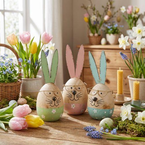 Påskhare med glasögon dekorativ figur träägg Ø5cm H13,5cm 3st | Floristik24.se