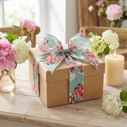 Presentband blommor tygband turkosröd 40mm 15m | Floristik24.se